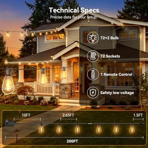 200FT Outdoor String Lights with Remote, Waterproof Patio Lights with 72+2 Shatterproof LED Bulbs,Dimmable Hanging Decor for Backyard Garden Porch Bistro, Timer & 3 Modes,2700K Warm White - Image 5