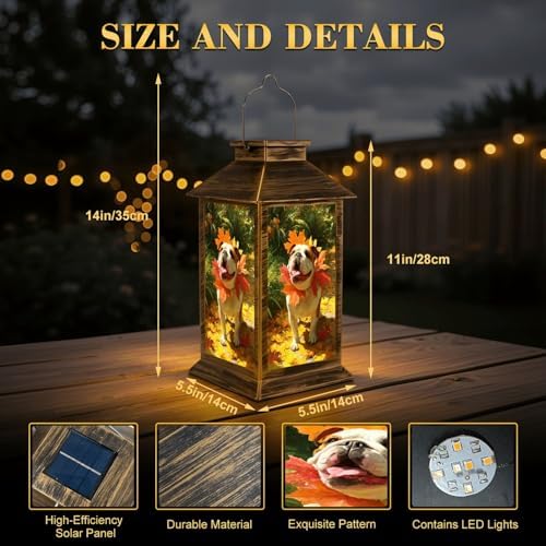 Solar Lantern Outdoor Waterproof English Bulldog Autumn Leaves Autumn Garden Decor LED Hanging Solar Lights Tabletop Lamp Gifts for Women Mom Outside Yard Patio Porch - Image 2