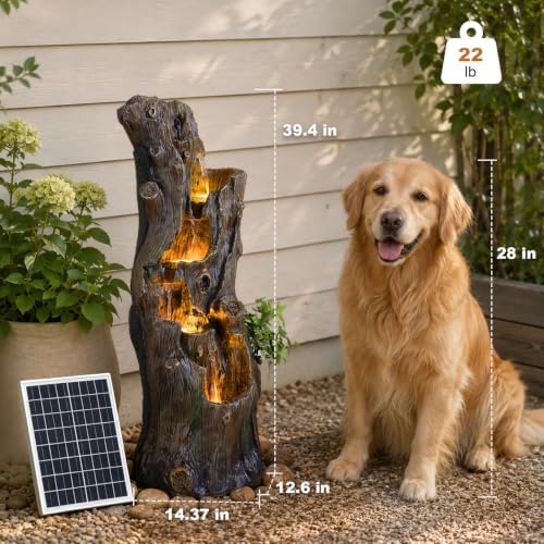 Solar Powered Tree Stump Water Fountain with LED Lights Waterfall Feature - Image 2