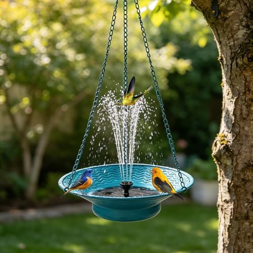 Hanging Bird Bath with Solar Fountain 29.5" H x 12.6" W Upgraded Metal Blue by CaliDecor-UpgradeYourHome