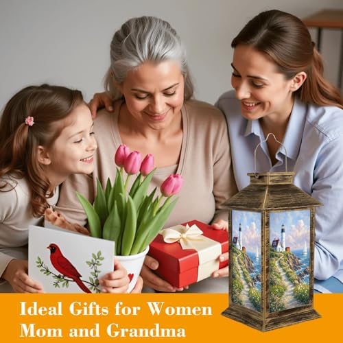 Solar Lantern Outdoor Waterproof Portland Head Lighthouse Scene Grassy Ocean Side Peninsula Sail Boat Garden Decor LED Solar Lights Hanging/Tabletop Lamp Gifts for Women Mom for Outside Yard Patio - Image 4