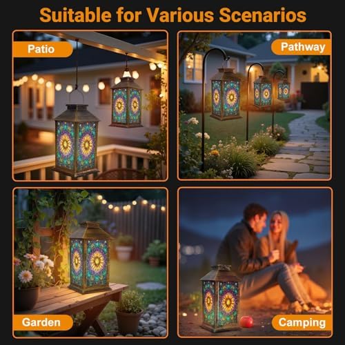 Stained Glass Style Solar Lantern Outdoor Garden Hanging Lantern Sunflower Stained Glass Spring Color Mosaic Design Waterproof Solar Powered Lighting Outside Table Lamp for Patio Deck Yard Camping - Image 5