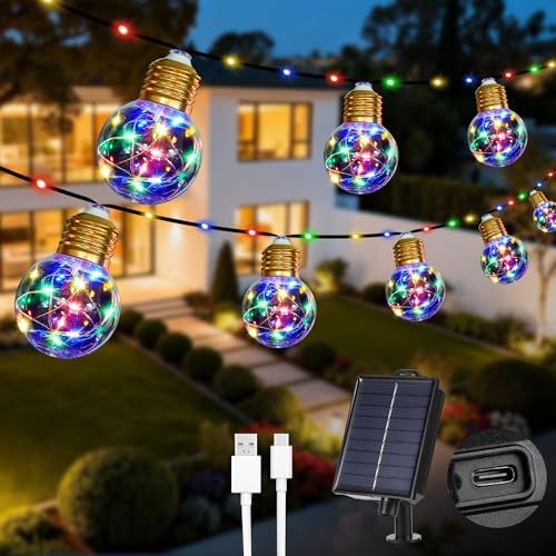 MERRIMAX M Solar String Lights Outddor, 257LEDs 25Ft Solar Powered Fairy Lights with 20 G50 Bulbs, 8 Modes Waterproof Solar Patio Lights Outside for Fence Camping Porch Balcony Decor (Multicolored) by MERRIMAX+M