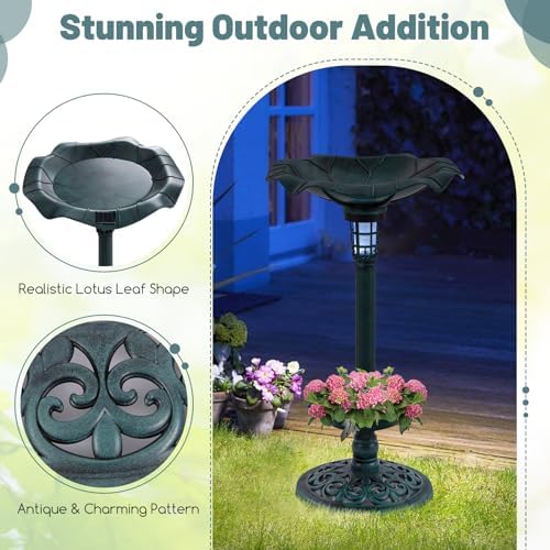GIANTEX Bird Bath for Outside, 30 inch Solar Lighted Bird Bath and Feeder with Flower Planter, Lotus Leaf Water Bowl, 3 Stakes, Vintage Birdbath Outdoor Decoration for Garden Yard Lawn Patio (Green) - Image 7