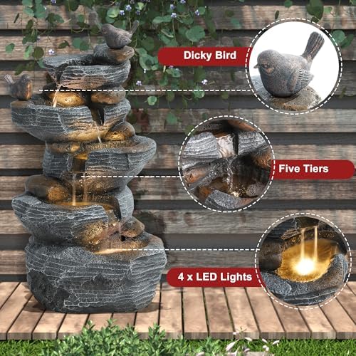 Outdoor Garden Water Fountain, 5 Tiers Cascading Rock Water Fountain, 26.4" H Waterfalls Resin Fountain with 4 LED Lights and Dicky Bird, Natural Modern Art Decor for Indoor and Patio Porch - Image 3