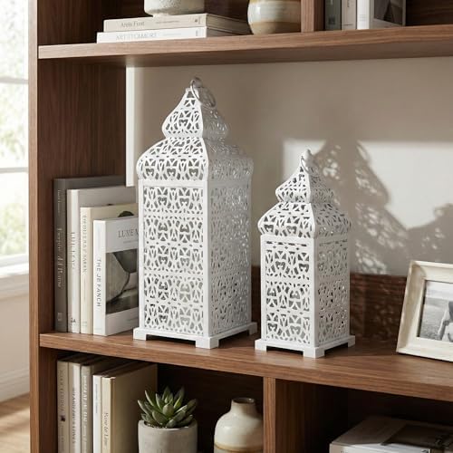 Vela Lanterns Decorative Indoor Moroccan Candle Holders, White, Set of 2 - Image 2