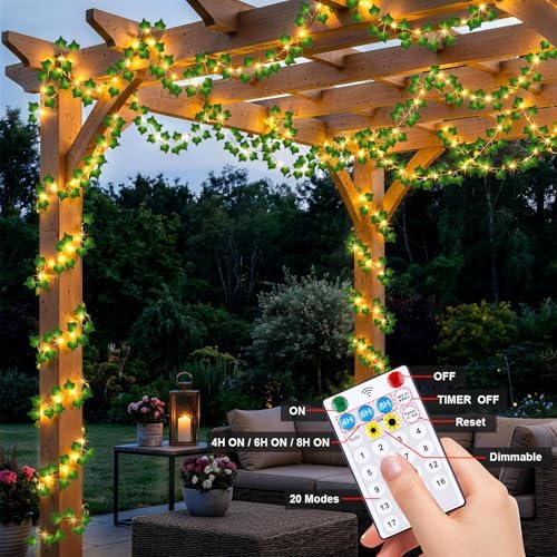 OMIKA 66FT 200LED Vine Fairy Lights Solar Powered, 19 Modes & Timer Ivy String Lights with Remote, Green Leaf Lights for Indoor Bedroom Classroom Office Wall Garden Party Wedding Decor (Warm White) - Image 3