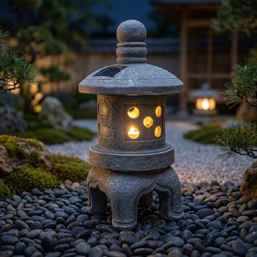 Japanese Garden Decor Solar Pagoda Light, Outdoor Stone Finish Pagoda Garden Statue with Auto On/Off for Patio Yard, Japanese Decor by Unknown