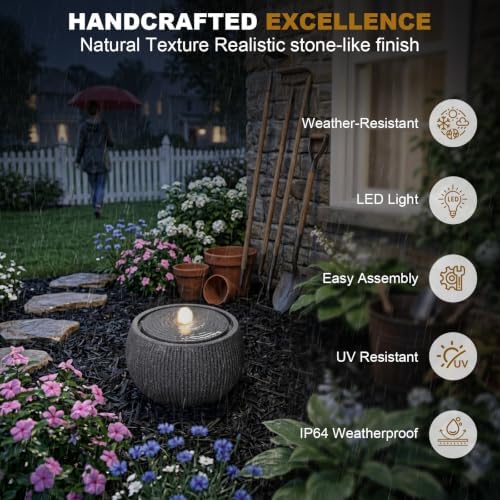 11" H Outdoor Water Fountain with Warm LED Light, Small Bubbler Garden Fountain for Patio, Porch, Yard & Deck, Modern Round Water Feature - Image 3