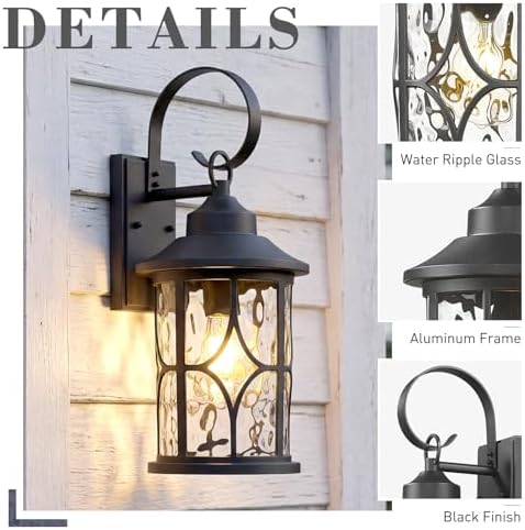 zeyu 19.5 Inch Outdoor Wall Lamp, 1-Light Large Outdoor Wall Lighting for House Porch, Die-Cast Aluminum in Black Finish, Water Ripple Glass, ZX111B-M BK-WG - Image 3