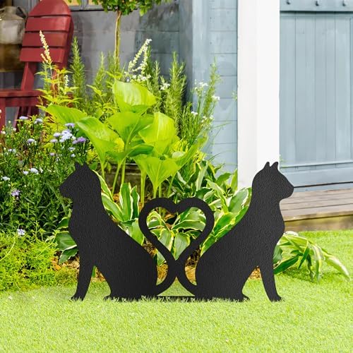 Dual Cat with Heart-Shaped Tails Metal Decorative Garden Stakes Cat Gifts for Cat Lovers Statues for Yard Art, Outside, Patio, Outdoor Decor, Garden Decorations, Lawn Ornaments - 16" Black - Image 3