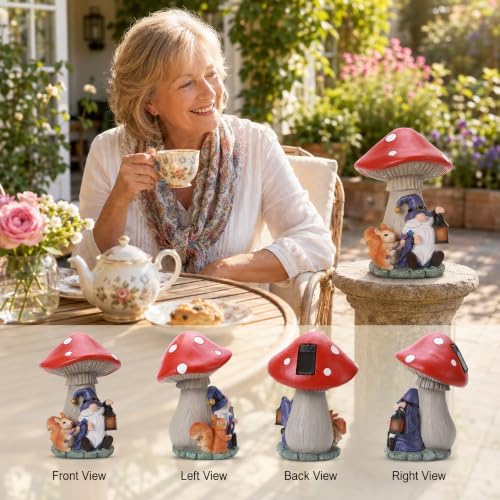 Solar Gnome and Squirrel Statue Under Mushroom Garden Decor, Garden Gnomes Outdoor Statue with Solar Lantern for Yard Patio Lawn Decor, Unique Birthday Gifts for Mom Women Grandma - Image 2