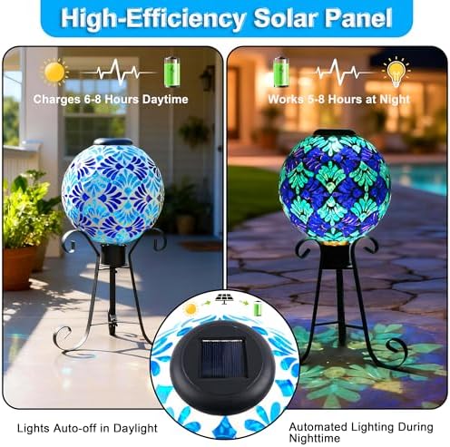 SAVENNA Mosaic Solar Gazing Ball 10 Inch, Glass Garden Globe with Auto On/Off for Yard, Lawn & Outdoor Decor, Blue Mosaic - Image 4