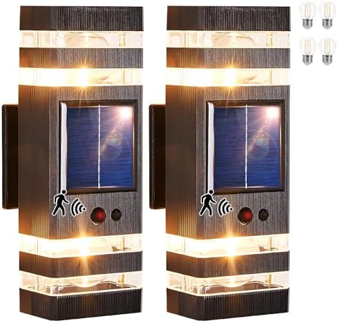 2 Pack Solar Outdoor Wall Lights with 3-Mode Motion Sensor Outside Sconces Up Down Solar Porch Light Fixtures 3000K 500LM Dusk to Dawn Modern Exterior Wall Lamp for House Garage Front Door by DELICAVYLIGHTING