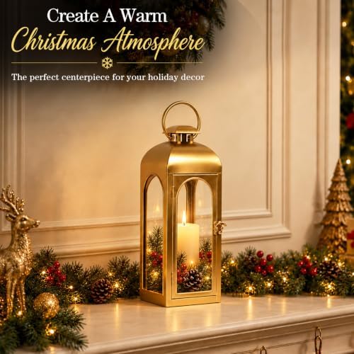 Christmas Decorative Lantern Gold Metal Candle Holder 16'' Tempered Glass - Image 2