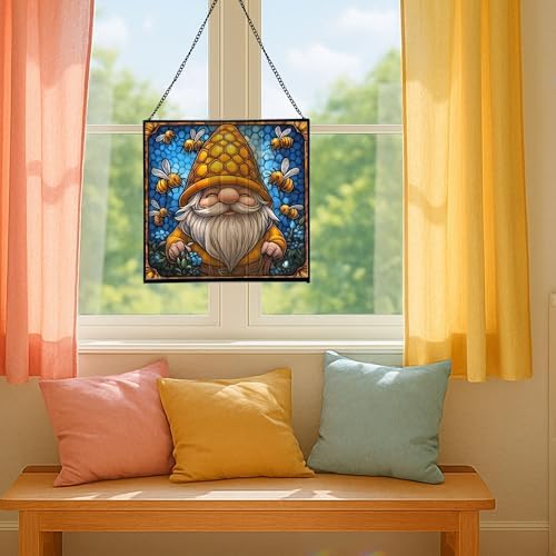 Bee Keeper Gnome Stained Glass Suncatcher – Square Hanging Window Panel for Home or Greenhouse – Whimsical Glass Art Gift for Garden Lovers, Christmas, Halloween, Father Days jHIJ7k - Image 5