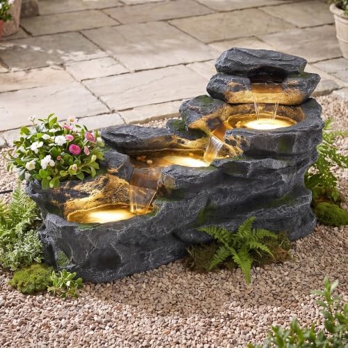 36.6" L Water Fountain Outdoor, 4-Tier Rock Cascading Water Feature by Dephet