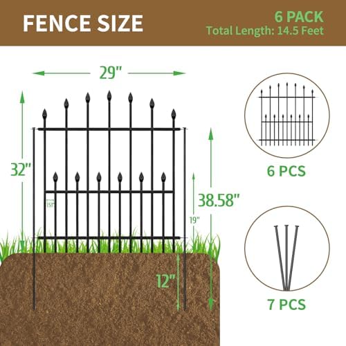 Decorative Garden Fence - 32in(H) x 14.5Ft(L) No Dig Heavy Duty Metal Rabbit Dog Fence Outdoor for Yard Rust-Proof Garden Fencing Animal Barrier Border for Patio Flower Bed (6 Panels + 7 Stakes) - Image 2