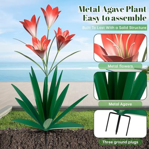 TOMBABY 32.28 Inch Metal Agave Plant Outdoor Decoration Lily Mexican Yard Art Garden Gift Home Decor Hand Painted Metal Agave Garden Yard Statue (2pc, Green) - Image 4