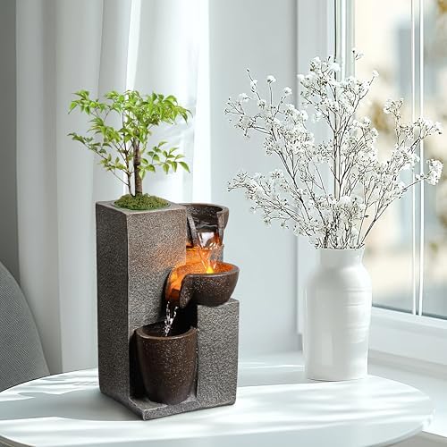 Resin Tabletop Waterfall Fountain with LED Light & Plant Pot, Indoor Desk Water Fountains for Home Office Decor (22028N) - Image 4