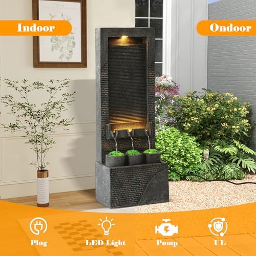 39" Outdoor Water Fountain, 5-Tier Cascading Floor-Standing Indoor Waterfall Fountains, Modern Large Water Feature with 5 Waterfalls & LED Lights, for Garden, Patio, Deck, Porch - Image 3