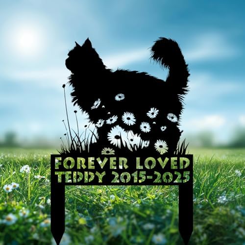 Custom Longhair Cat Memorial Stake, Cat Standing on Flowers Grave Marker, Personalized Pet Loss Gift Metal Garden Plaque (Cat Standing on Flowers) - Image 3