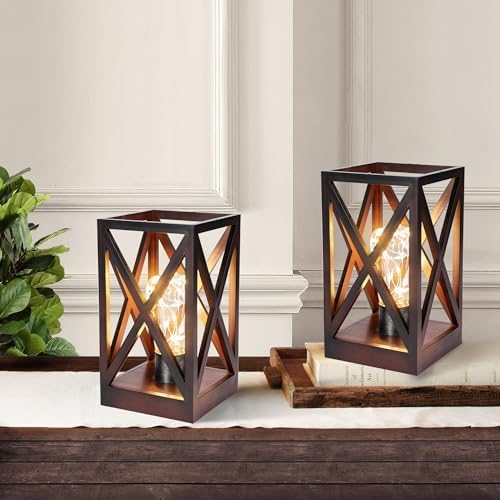 WINGBO 2 Pack Retro Battery Powered Table Lamps, Battery Operated Cordless Lamp Set, Portable Nightlight Decorative Light for Living Room Dining Room Bedroom Entryway Patio Backyard, Walnut Finish - Image 2
