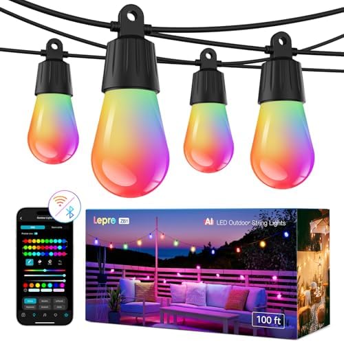 Lepro ZB1 AI Smart Outdoor String Lights, 100(88+12) ft RGB+IC+Warm White by Lepro