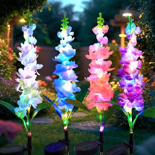Solar Garden Lights Solar Delphinium Flowers Lights 4 Pack Waterproof Outdoor Light for Outside Wedding Party Garden Yard Patio Lawn Decor 4 Colors Combo by AureateHorizon