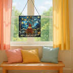 Gnome Stargazer Bench Stained Glass Suncatcher – Square Hanging Window Panel for Home or Greenhouse – Whimsical Glass Art Gift for Garden Lovers, Christmas, Halloween, Father Days lP3eNH - Image 5
