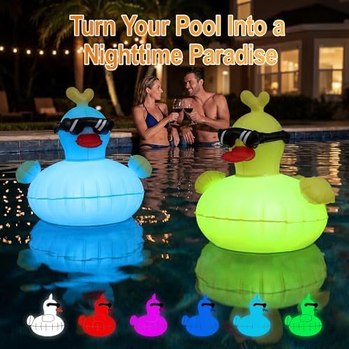 Solar Floating Pool Lights, RGBW Color Changing 12-LED 20H Runtime with Remote, Pool Party and Garden Pond Decor, Cool Sunglasses Duck 2-Pack - Image 2