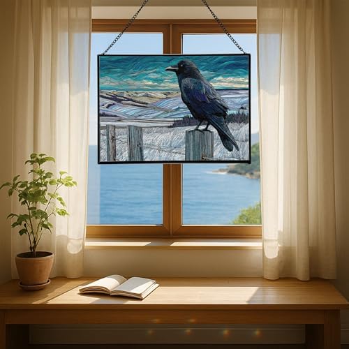 Raven Sitting on Frosted Fencepost Rectangular Stained Glass Suncatcher – Hanging Window Panel with Animal & Nature Scene – Vibrant Glass Art Gift for Wildlife, Fantasy, Nature Lovers Icuccc - Image 6