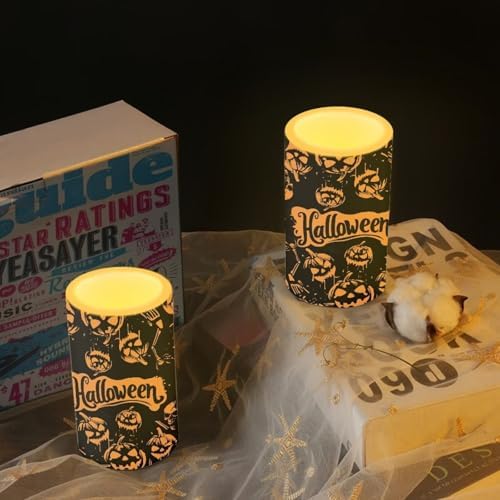 Set of 2 Flameless Candles with Remote Halloween Pumpkin Battery Operated Candles with Timer Flickering LED Elictric Pillar Lights for Trick or Treat Party Home Banquet Decor - Image 6