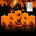 kakoya 5 Pack Halloween Flameless LED Pillar Candles, Orange Plastic Battery Operated Candles with 2 Remote Timer, Castle Pumpkin Witch Pattern for Halloween Spooky Decor by FLAMELESSCANDLES