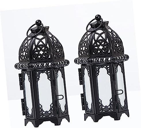 Xmas Iron Candle Lantern 2pcs Black Glass Hanging Moroccan Decor - Image 3