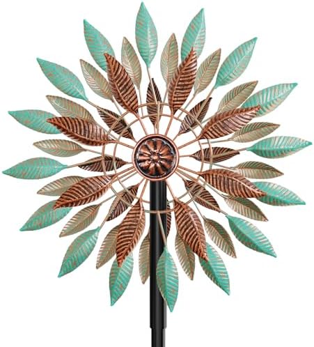Wind Spinners Outdoor, 360° Metal Windmills for Yard Garden Art Decor, Kinetic Wind Sculptures with 5 Stake for Lawn Patio Outside Ornaments, 13.7" W x 64.3" H (Green+Brown) by KHayRovies