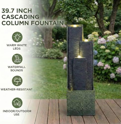 Outdoor Water Fountain with LED Lights, 39.7" Tall Modern 3-Tier Cascading Waterfall Fountain for Patio Garden Yard Porch Backyard, Resin Outdoor Water Feature Decor - Image 6