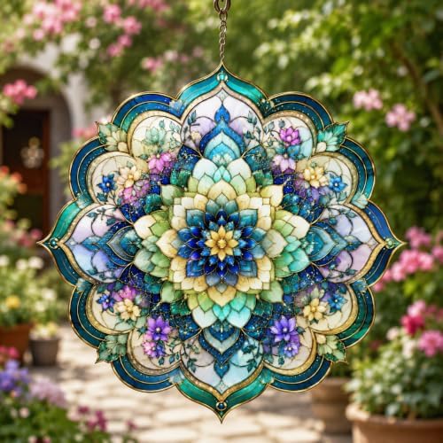 Shwing 12 Inch Wind Spinner Hanging Wind Sculptures Floral Mandala Metal Decor Double Sided Outdoor Kinetic Garden Art 3D Wind Spinner Hanging Ornament for Patio Porch Balcony Backyard Tree Decor - Image 2