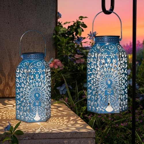 Garden Gifts for Women Solar Lanterns Outdoor Waterproof Peacock Garden Gifts Mom, Big Solar Lights, Garden Decor, Yard Art, Mothers' Day Birthday Gifts Grandma Grandpa(2Pack, Blue Gold by Homeimpro