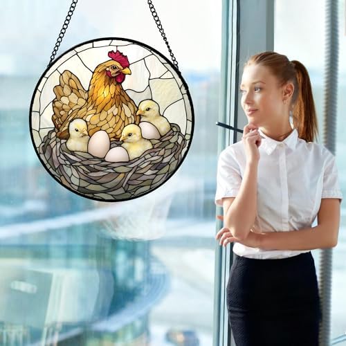 CHATYOUNG Stained Glass Window Hanging Hen Chicken Clocking 9.8" - Animal Suncatcher Door Garden Home Decor and Christmas Mother's Day Birthday Gift for Grandma Nana Women Mom Wife Farmer - Image 3
