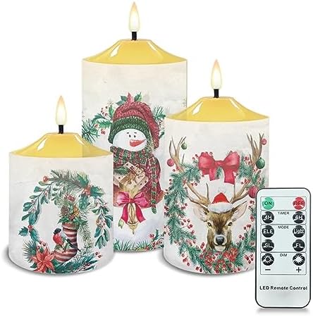 Cozeyat 3Pcs Flameless Candles Battery Operated, Christmas Snowman ELK Design Warm Yellow Tealights, 4/6H Timers LED Candles with Remote Control for Christmas Decor by Cozeyat
