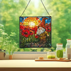 Gnome with Poppy Field Stained Glass Suncatcher – Square Hanging Window Panel for Home or Greenhouse – Whimsical Glass Art Gift for Garden Lovers, Christmas, Halloween, Father Days wWvZmC - Image 2