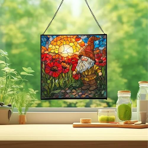 Gnome with Poppy Field Stained Glass Suncatcher – Square Hanging Window Panel for Home or Greenhouse – Whimsical Glass Art Gift for Garden Lovers, Christmas, Halloween, Father Days wWvZmC - Image 2