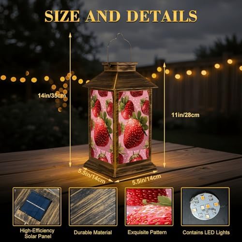 Solar Lantern Outdoor Waterproof Strawberry Polka Red Seamless Strawberry Strawberry Pink Strawberry Garden Decor LED Hanging Solar Lights Tabletop Lamp Gifts for Women Mom Outside Yard Patio Porch - Image 2