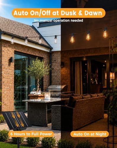 Solar String Lights Outdoor Waterproof, 60FT(54+6) 26 LED S14 Shatterproof Edison Bulbs, 2FT Spacing, 3 Modes, Dimmable, Timer, USB Solar Powered Hanging Patio Lights for Outside, Backyard - Image 5