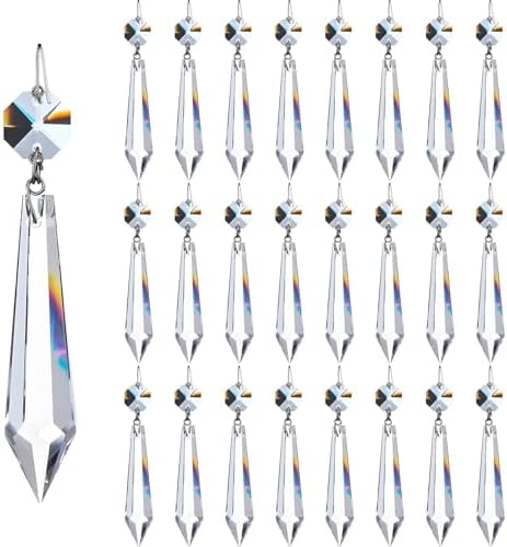 24Pcs 63mm Clear Crystal Chandelier Icicle Prisms with Octagon Beads,Crystals Lighting Lamp Replacement Parts, Christmas Wedding Party Decor (Clear Color with Nickel Pin, 63mm (2.5inches)) by KINGSCRYSTAL