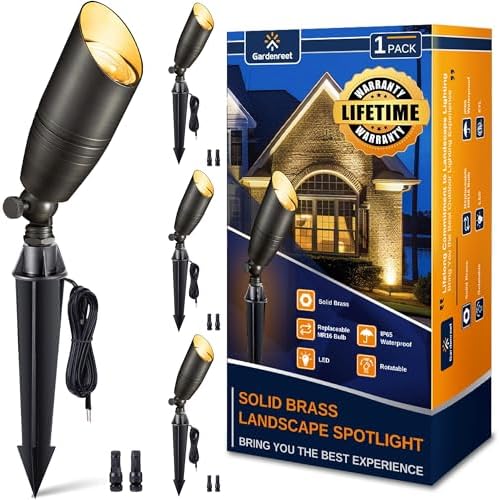Gardenreet Brass Landscape Lighting - Low Voltage Spotlights Outdoor LED, 12V Wired Uplights, Waterproof Spot Lights, Antique Bronze for Outside Trees Without MR16 Bulb (4 Pack) by Gardenreet