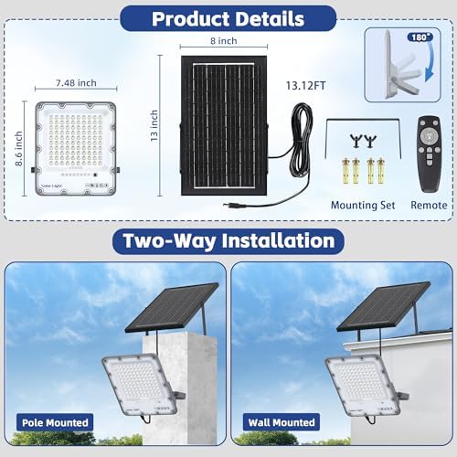 200W Solar Flood Light Outdoor 40000LM 6500K LED Solar Street Light with Remote, IP66 Waterproof Dusk to Dawn Outdoor Security Lighting, 13FT Cable Splitted Solar Powered Lamp for Parking Lot Garage - Image 5