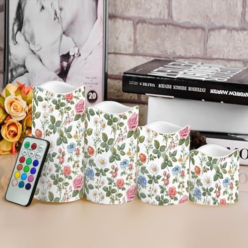 Rose Green Leaves Flameless LED Candles with Remote Timer Electric Fake Candle Color Changing Pillar Candles Battery Operated for Table Centerpiece Home Indoor Wedding Decoration Set of 4 - Image 4