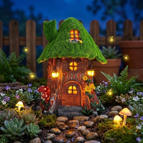 COWOS Fairy Tree House Night Light with LED - Moss Covered Resin Fairy House Miniature Garden Decor, Outdoor Waterproof Statue for Patio Yard Lawn, Gift for Garden Lovers Kids - Image 6